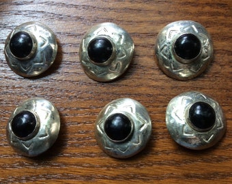 Vintage Hubert Harmon Set of Six Sterling Buttons with Black Stones