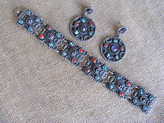 Sterling and Stone Taxco Bracelet and Earrings Set - image 1