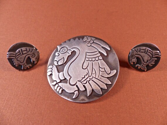 Vintage Taxco Rafael Melendez 980 Silver Eagle Brooch and Earrings