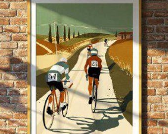 Retro Cycling Duo Poster – Vibrant Bike Race Wall Art Print for Vintage Sports Home Decor