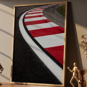 Racing Track Kerb Poster – Red and White Motorsport Photography – Formula 1 Wall Art – Modern Racing Decor for Speed Enthusiasts