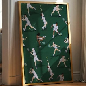 Tennis Players Poster, Green Court Sports Wall Art, Dynamic Match Illustration Print, Modern Artwork for Tennis Fans