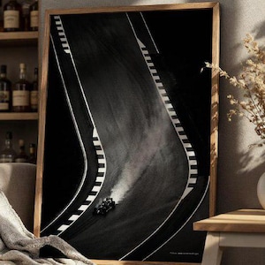Black and White Racing Poster – Formula 1 Corner Photography – Motorsport Wall Art – Minimalist Grand Prix Print for Racing Fans