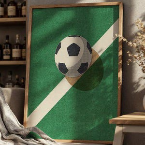 Retro Soccer Ball Poster – Minimalist Football Print on Green Field – Vintage Sport Wall Art for Game Room or Kids’ Bedroom Decor
