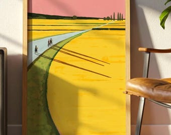 Golden Fields Cycling Art Print – Minimalist Road Bike Poster with Scenic Landscape for Modern Home Decor