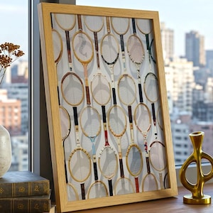 Impresión de raquetas de tenis vintage: arte deportivo retro. Arte mural minimalista para decoración del hogar. Póster de tenis para regalar a los aficionados.