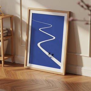 Minimalist illustration of two cyclists on a white winding road over a solid blue background, emphasizing movement and endurance.