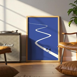 Minimalist illustration of two cyclists on a white winding road over a solid blue background, emphasizing movement and endurance.