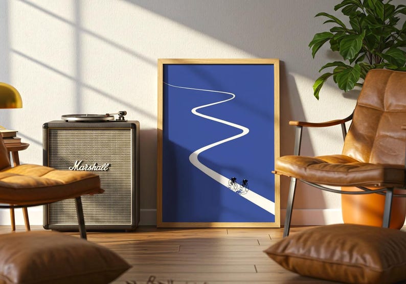 Minimalist illustration of two cyclists on a white winding road over a solid blue background, emphasizing movement and endurance.