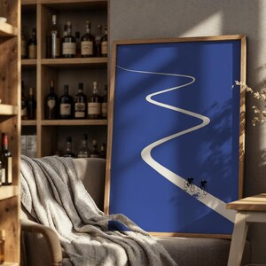 Minimalist illustration of two cyclists on a white winding road over a solid blue background, emphasizing movement and endurance.