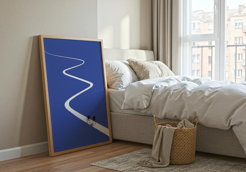 Minimalist illustration of two cyclists on a white winding road over a solid blue background, emphasizing movement and endurance.