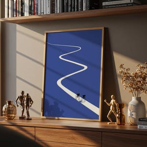 Minimalist illustration of two cyclists on a white winding road over a solid blue background, emphasizing movement and endurance.
