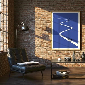 Minimalist illustration of two cyclists on a white winding road over a solid blue background, emphasizing movement and endurance.