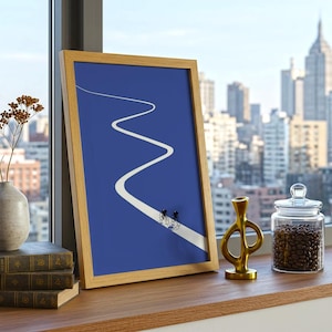 Minimalist illustration of two cyclists on a white winding road over a solid blue background, emphasizing movement and endurance.