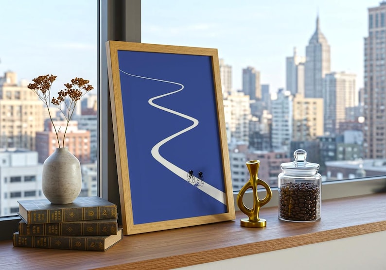 Minimalist illustration of two cyclists on a white winding road over a solid blue background, emphasizing movement and endurance.