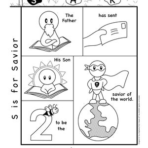 May include: Black and white illustration of a religious story. The Father has sent His Son, the savior of the world. The text reads "Sis for Savior", "The Father", "His Son", "has sent", "savior of the world", "1 John 4:14", and "NIV".