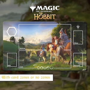 May include: A rectangular Magic The Gathering The Hobbit playmat featuring a fantasy landscape with riders on horseback. The mat includes white outlined card zones labeled Battlefield, Library, Exile, and Graveyard, plus mana symbols.