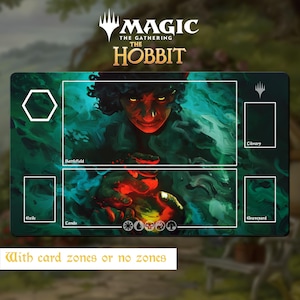 May include: A rectangular playmat for Magic The Gathering The Hobbit featuring a dark, teal-toned illustration of a character with glowing orange eyes and hands. The mat includes white outlines for card zones labelled Battlefield, Library, Exile, Lands, and Graveyard, along with five mana symbols.