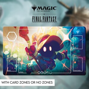 Puede incluir: Una alfombrilla de juego Magic: The Gathering con un diseño de Final Fantasy. La alfombrilla muestra una ilustración vibrante de un personaje con un bastón, sobre un fondo colorido. La alfombrilla incluye zonas de cartas y el texto "WITH CARD ZONES OR NO ZONES".