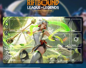 May include: A Riftbound League of Legends trading card game playmat. The mat features a vibrant illustration of a female character with a staff, surrounded by green and white elements. The mat includes card zones and the text "WITH CARD ZONES OR NO ZONES".