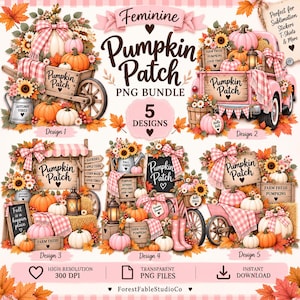 May include: A digital graphic bundle featuring five pumpkin patch designs with pink plaid accents, sunflowers, and autumn leaves. The text reads Feminine Pumpkin Patch PNG Bundle, 5 Designs, High Resolution 300 DPI, Transparent PNG Files, and Instant Download.