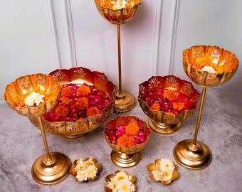 Lotus Urli Floating Flower Set/Lotus urli with Stand/ Lotus Urli with Bowl/Urli/ Urlis/ Pooja Diya/Diwali, wedding,Festival Decor 9 Pcs.