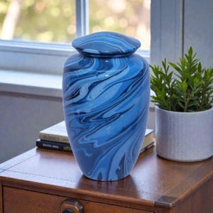 Blue Marble Elegance Cremation Urn for Human Ashes – Glossy Hydro-dipping Finish 10.5" x 6.5"