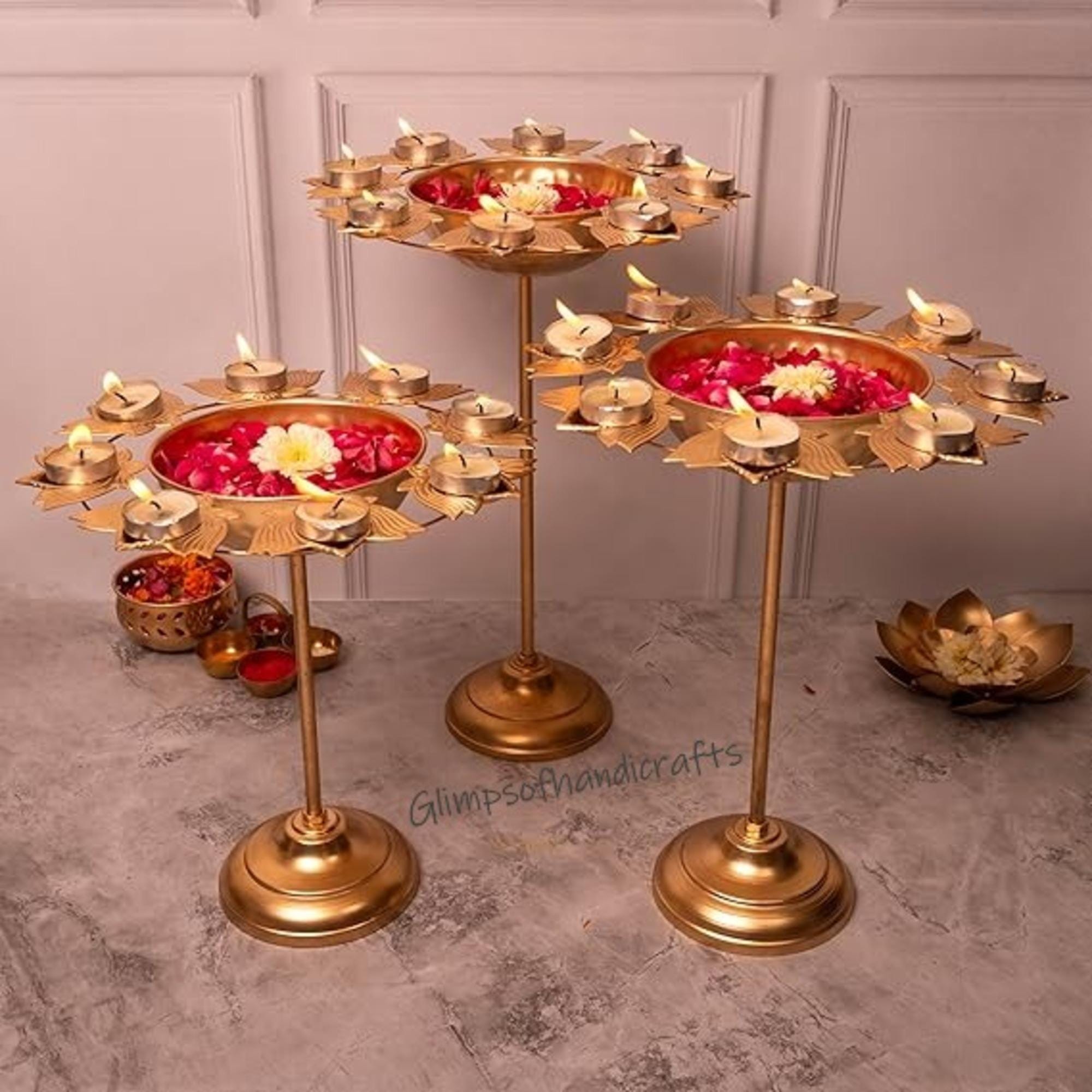 Elegant Lotus Urli Set with Stand – Set of 3 Decorative Floral urli set for Home & Festival Decor/ Handcrafted Standing Lotus Uruli Set