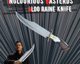Inglourious Basterds Bowie Knife Replica | Handmade WWII Inspired Aldo Raine Oversized Bowie Knife with Leather Sheath, Antler Handle