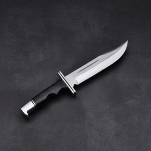May include: A stainless steel hunting knife with a curved blade and a black handle. The knife features a silver bolster and a silver end cap. The blade is highly polished, reflecting the light. The knife is designed for outdoor use.