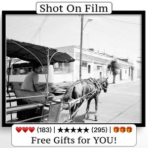 May include: Black and white photograph of a horse-drawn carriage on a city street. A person is seated in the carriage, and the horse is harnessed. The image is framed and has the text "Shot On Film" at the top. The bottom has text "Free Gifts for YOU!"