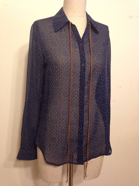 Sheer Navy Soft Blouse Button Down Vintage Top Wi
