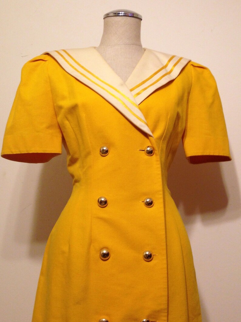 Vintage Warren Petites Yellow and White Double Breasted Trench Style Dress Rockabilly Pin up Perfect