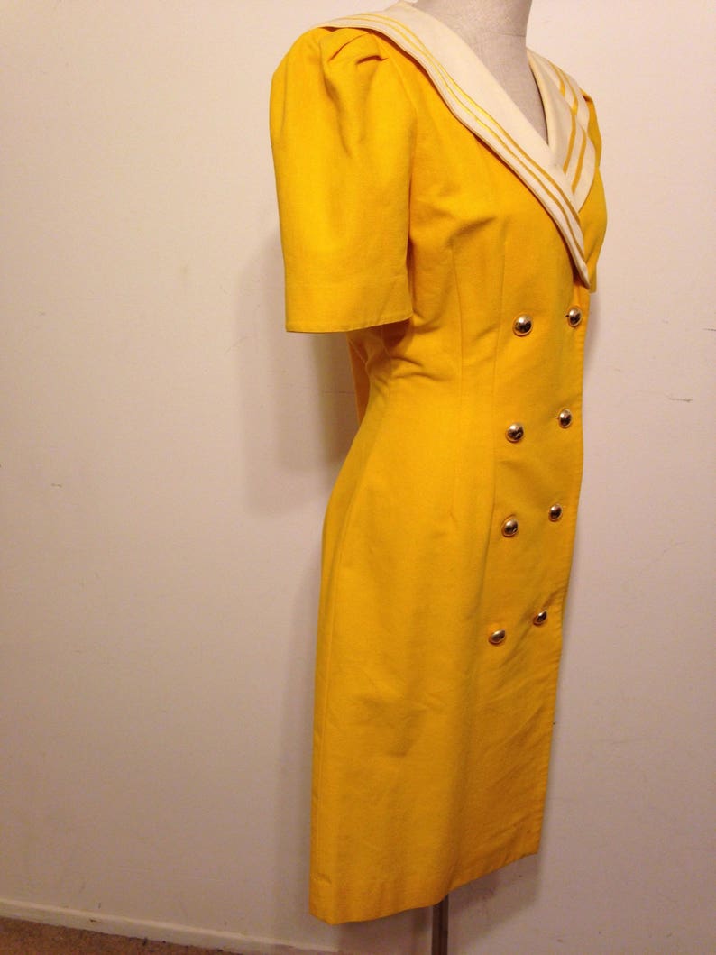 Vintage Warren Petites Yellow and White Double Breasted Trench Style Dress Rockabilly Pin up Perfect