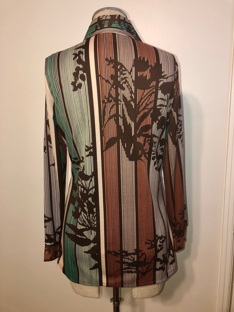 Vintage Pin Stripe Floral Abstract Print Multi Color Warm Tone Button Down Blouse 70s Retro Professional Funky Style