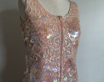 Vintage 1960’s Iridescent Shimmer Rose Gold Beaded Sequin Fringe Embroidered Mermaid Wool Zip Shell Tank Blouse