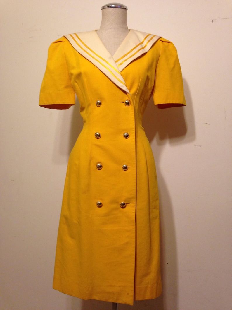 Vintage Warren Petites Yellow and White Double Breasted Trench Style Dress Rockabilly Pin up Perfect