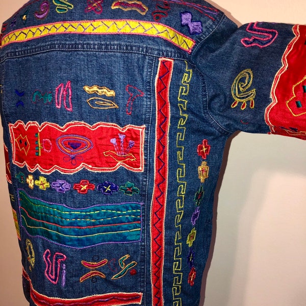90’s Yellow Orange and Red Southwestern Motif Jean Jacket by Chico's main image 0