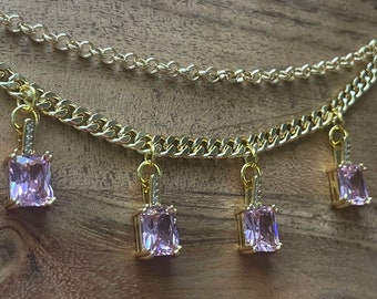 18k Gold Pink Lavender Pastels Cubic Zirconia Nose to Ear Chain - Nose Chain - Festival - Boho - Goddess - Festival - Sparkle - Bling - Gems