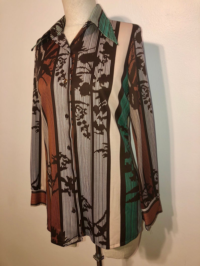 Vintage Pin Stripe Floral Abstract Print Multi Color Warm Tone Button Down Blouse 70s Retro Professional Funky Style