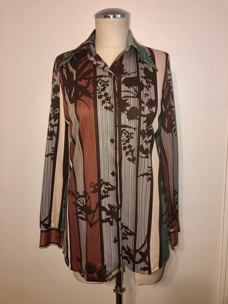 Vintage Pin Stripe Floral Abstract Print Multi Color Warm Tone Button Down Blouse 70s Retro Professional Funky Style