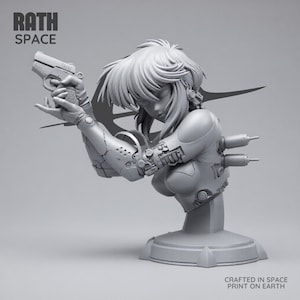 May include: A gray bust of a female figure holding a handgun, with mechanical arm details. The bust is on a pedestal, with the text "RATH SPACE" and "CRAFTED IN SPACE PRINT ON EARTH".