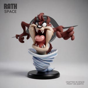 May include: A detailed figurine of the Tasmanian Devil, a cartoon character, with an open mouth and a swirling tornado base. The figure is brown, tan, and pink, with the text "RATH SPACE" and "CRAFTED IN SPACE PRINT ON EARTH".
