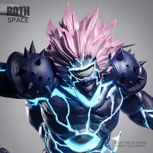 May include: A detailed sculpture of a character with spiky pink hair and a menacing expression. The figure has dark blue armor with sharp spikes and glowing blue energy patterns. The text "RATH SPACE" and "CRAFTED IN SPACE PRINT ON EARTH" are visible.