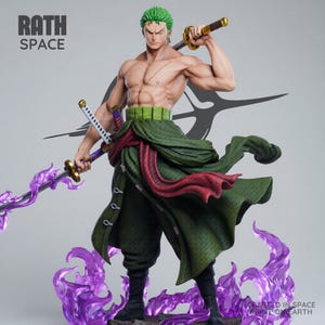 May include: A detailed figurine of a muscular character with green hair, holding three swords. The figure wears green and black clothing with a red sash. The base features purple flame-like accents. The text "RATH SPACE" is visible.