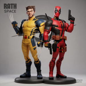 May include: Two action figures of comic book characters Wolverine and Deadpool. Wolverine is in a yellow and blue suit with claws extended. Deadpool is in a red suit, holding a gun. The figures stand on black bases, with the text "RATH SPACE" and "CRAFTED IN SPACE EARTH".