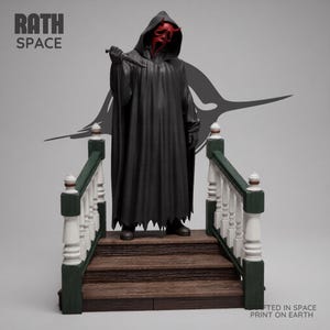 May include: A black figure in a hooded robe and a red mask holding a knife, standing on a wooden staircase with green and white railings. The figure is a horror movie character. The text "RATH SPACE" is in the upper left corner.