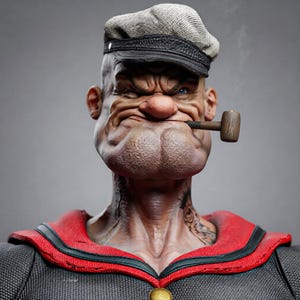 May include: A detailed sculpture of Popeye the Sailor Man. He wears a gray sailor's cap and a dark gray shirt with a red collar. Popeye has a pipe in his mouth and a tattoo on his neck.