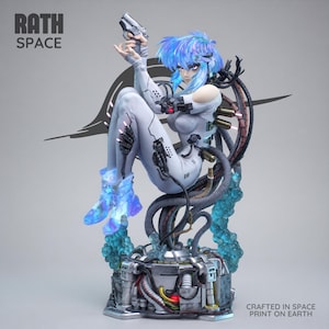 May include: A detailed figurine of a character with blue hair, wearing a white bodysuit, and holding a gun. The figure is seated on a futuristic base with mechanical elements and glowing blue accents. The text "RATH SPACE" and "CRAFTED IN SPACE PRINT ON EARTH" are visible.