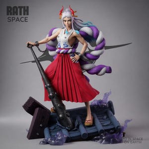 May include: A detailed figurine of a character with white hair, red horns, and a red skirt, holding a black spiked club. The figure is posed on a blue and purple base, with the text "RATH SPACE" visible. The figure is from the anime series One Piece.